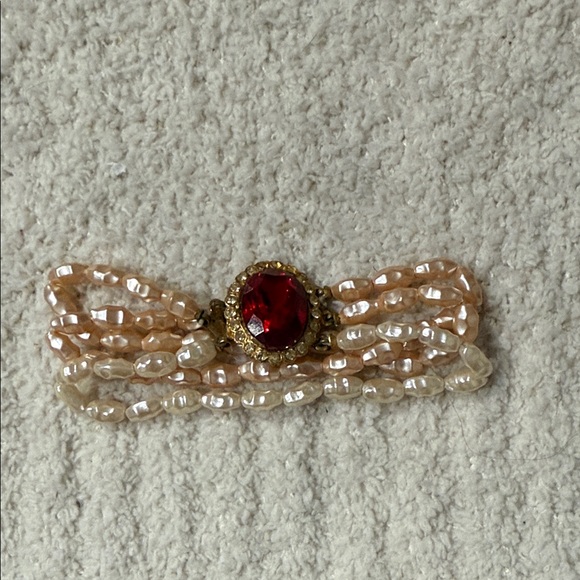 Vintage Accessories - Vintage Elegant Pearl and Red Gem Bracelet